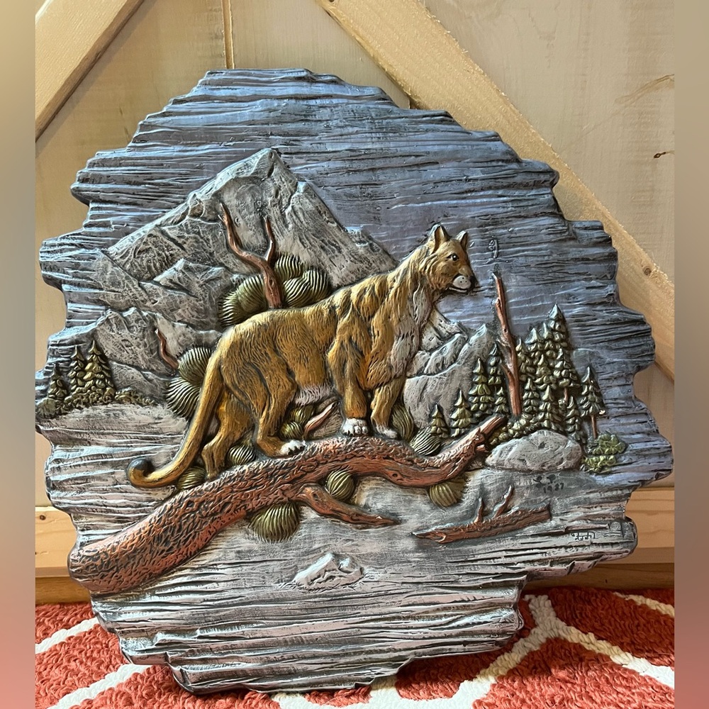 Vintage 80s MOUNTAIN LION Desert Ceramic Bisque Hand Painted Plaque Signed MOLD